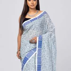Light Grey Appliqued and Embroidered Cotton Saree
